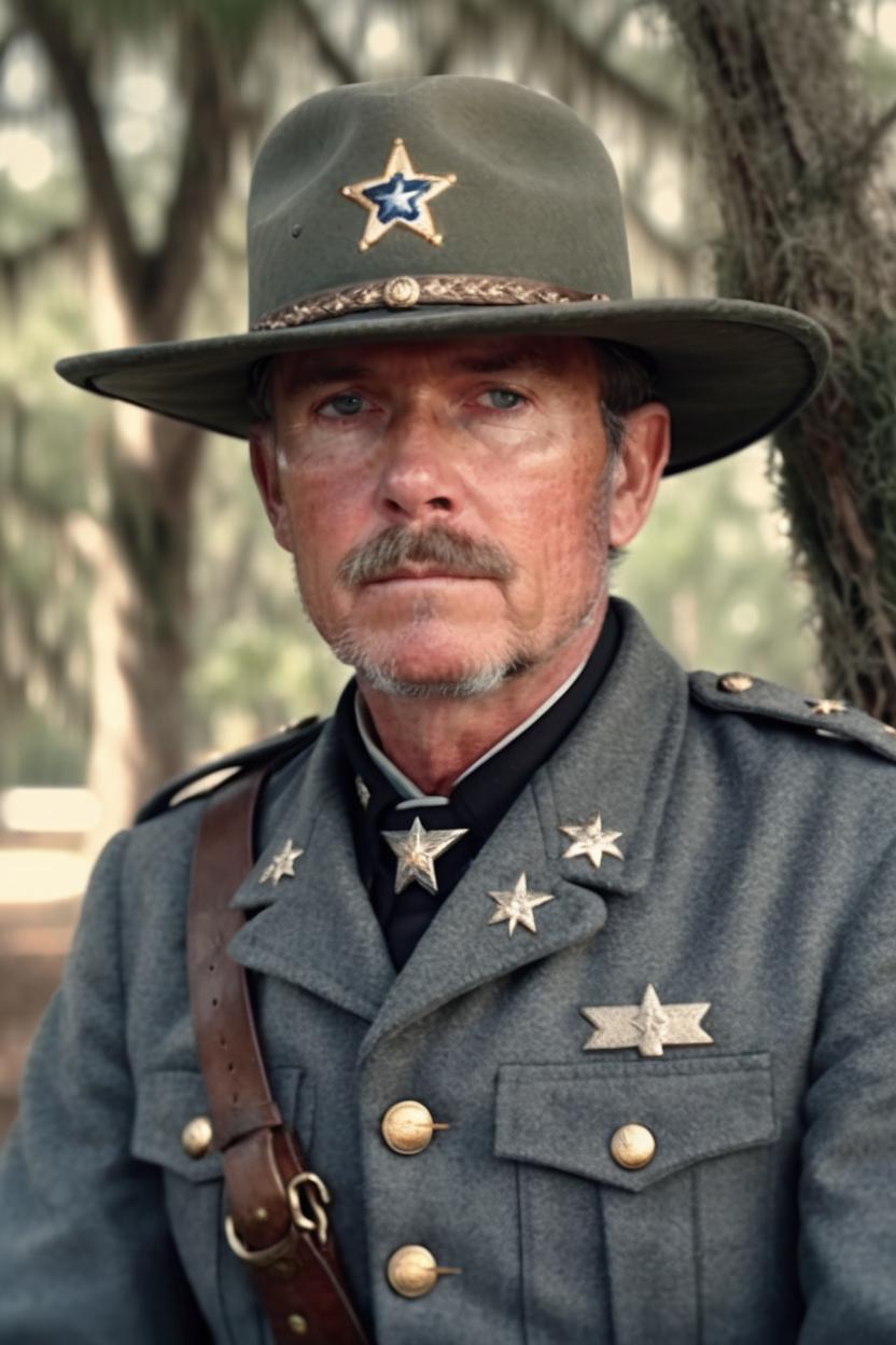 Artificial Intelligence (AI) generated image art, man,portrait, as US Civil War Confederate soldier, pistol, highly detailed, ultra detailed realistic photo, sharp focus, 8k, cinematic lighting, Spanish moss on trees in background