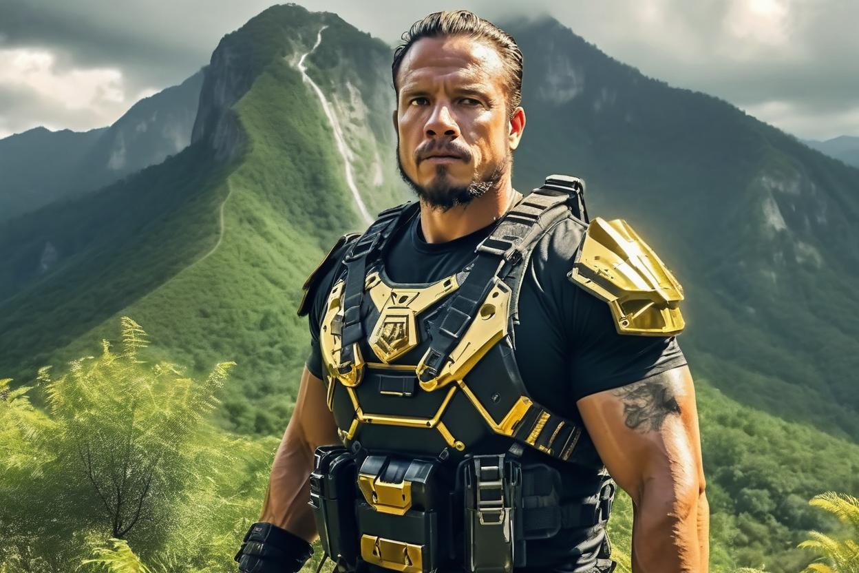 Artificial Intelligence (AI) generated image art, man, an athletic millionaire, tech savvy, armored survivalist, makeshift advanced weaponry, black and gold attire, the light-toned background highlights the lush greenery and majestic mountain drop, while capturing sharp, close details of the scene