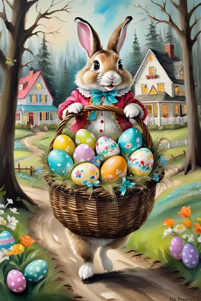 Artificial Intelligence (AI) generated image art, woman very cute whimsical very beautiful woodland creature Easter basket delivering with forest animals nearby like snowehite cottage featured as a Easter bunny extremely cute on a law hopping over very detailed favorite eggs oil painting baroque