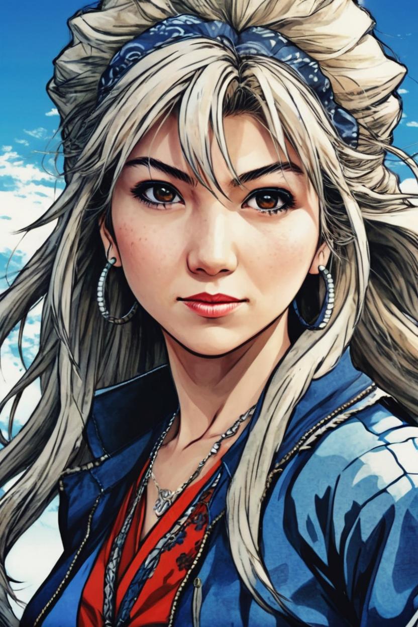 Artificial Intelligence (AI) generated image art, woman as beautiful woman, (small background area above head), art by eiichiro oda, anime, detailed picture, adventure