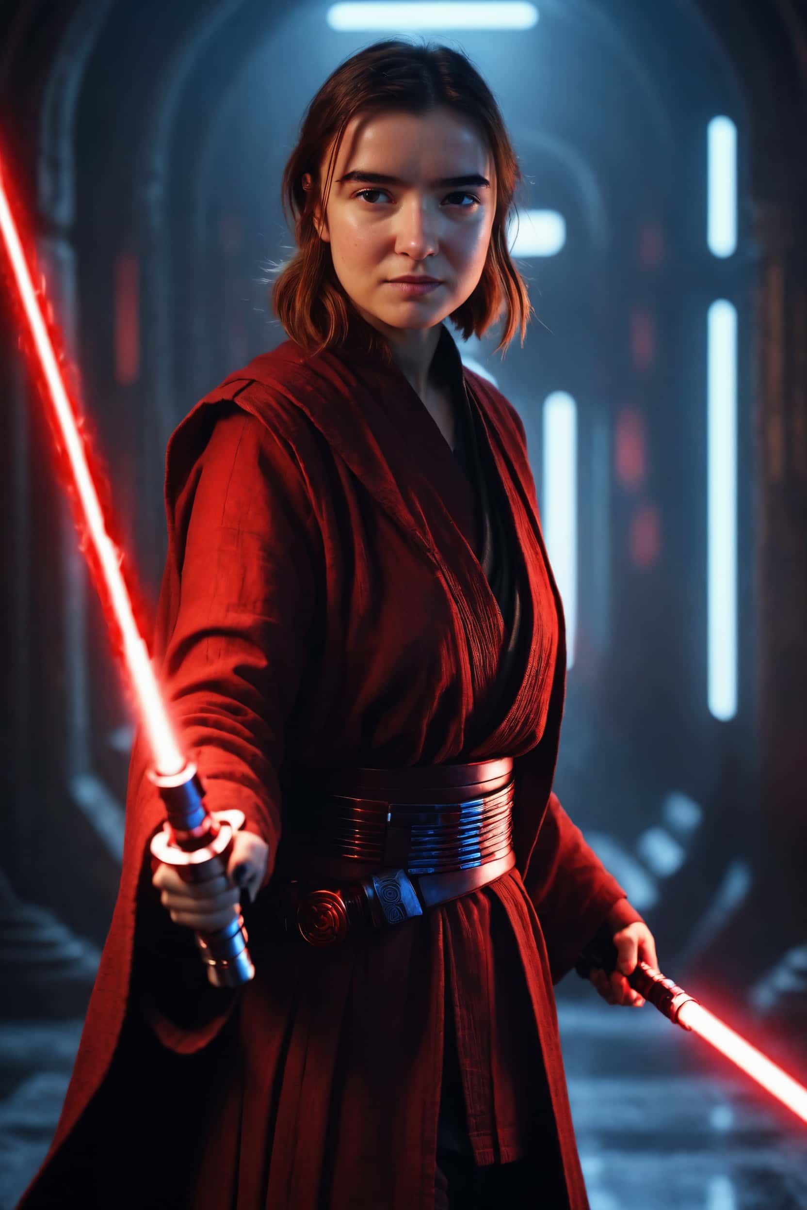 Create your own custom Star Wars character with AI – powerful female Jedi holding dual red lightsabers in cinematic lighting.