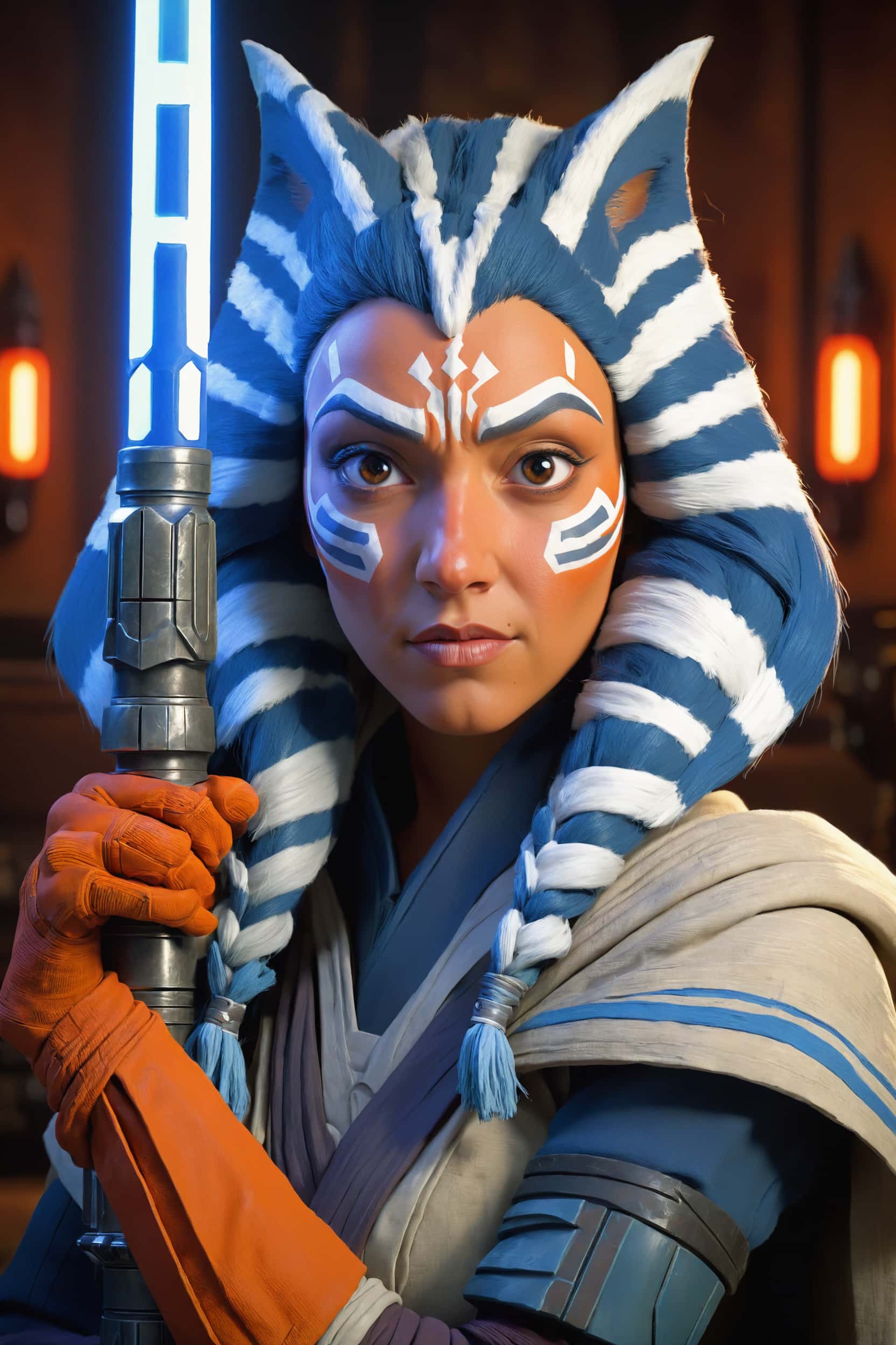 Custom AI portrait of a Togruta Jedi holding a blue lightsaber – inspired by Ahsoka Tano, with sci-fi detailing and costume.