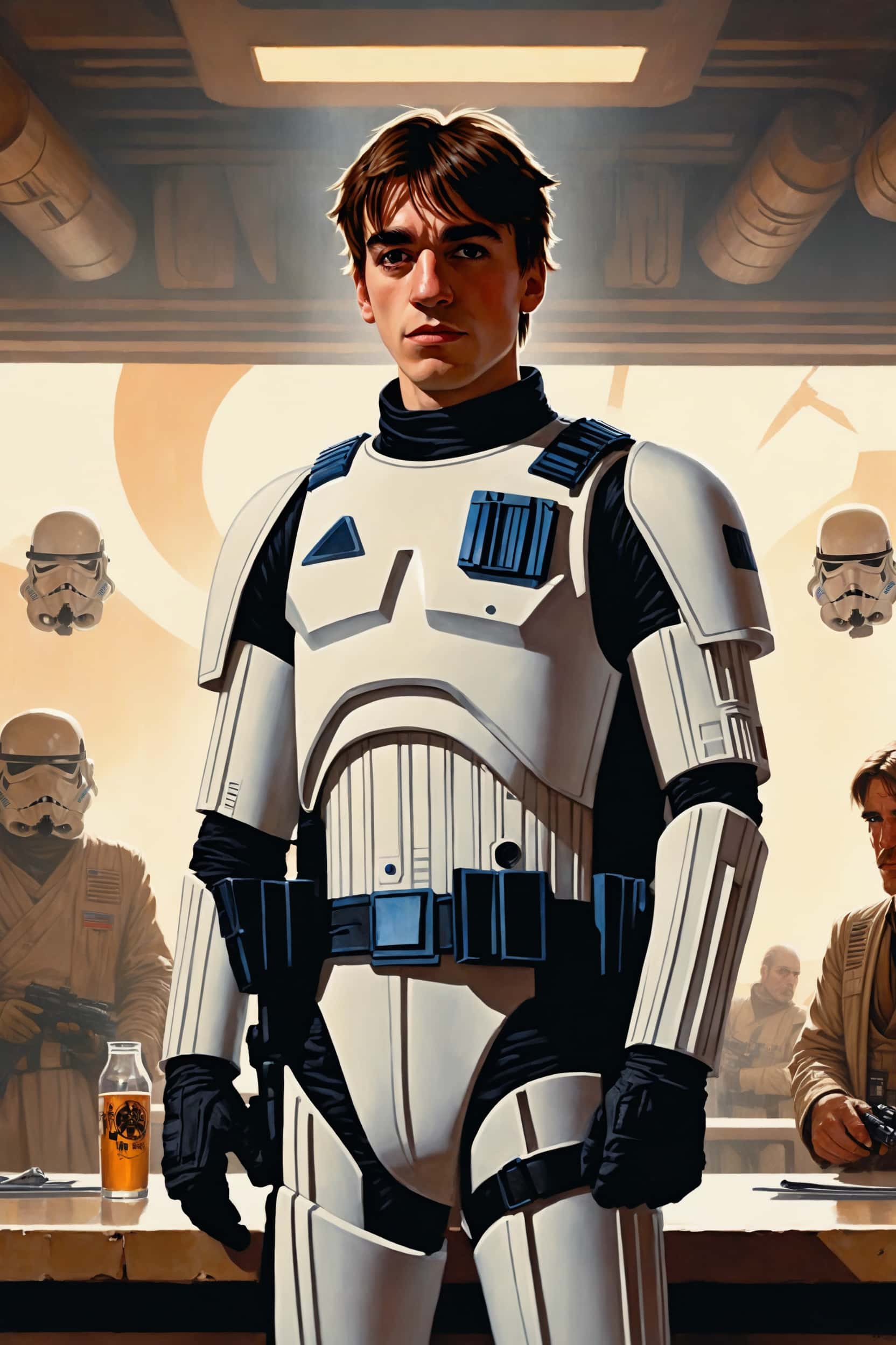 Create your own stormtrooper character with detailed Star Wars portrait with face visible, set in a classic cantina scene.