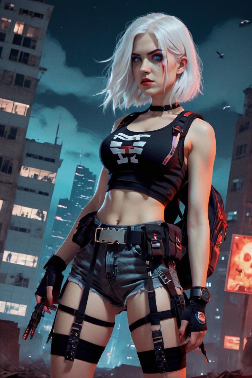 Artificial Intelligence (AI) generated image art, woman, red eyes, white hair, strapped, guns, apocalypse atmosphere, nighttime, hot body, crop top, backpack, shorts, laced boots, 3D art style, comic book art style, building background, vampire