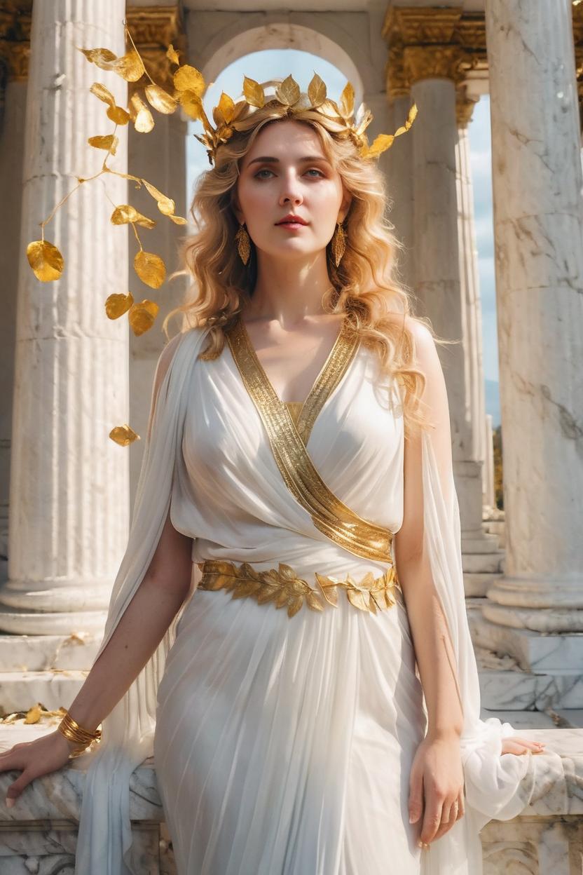 Artificial Intelligence (AI) generated image art, woman, full body portrait, full body, young and beautiful,An ethereal ancient Greek goddess draped in a flowing, translucent white gown with golden accessories. Her hair is styled in soft waves, and she wears a crown of golden leaves. The scene takes place in a majestic marble temple with classical columns, evoking the grace and power of the ancient gods