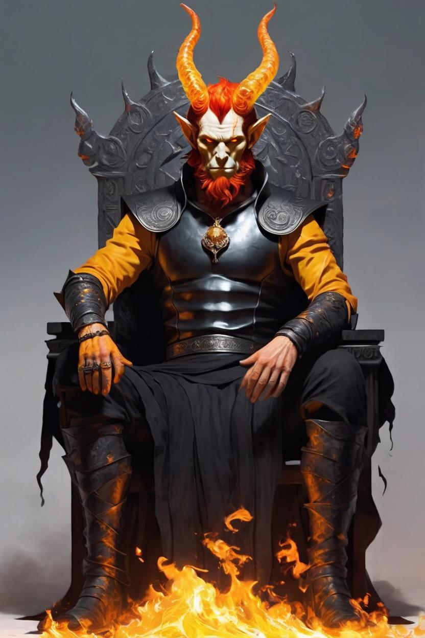 Artificial Intelligence (AI) generated image art, man as Greek god Hades ((fantasy tiefling)), his hair is actual orange,yellow and red flames, he has fire for hair, pale white skin, he is overlord of the underworld, dnd art, (art by Greg Rutkowski), highly detailed, ((in the underworld)), fire magic, he is sitting on a tall black spiky throne, all hail Hades, colorful, dark, vibrant, fantasy, lore, demonic