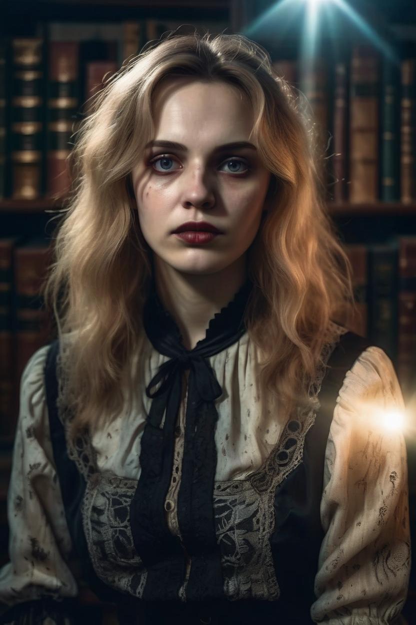 Artificial Intelligence (AI) generated image art, (portrait) of woman in (vintage blouse), realistic, detailed eyes, detailed skin features, at a (gothic library), with (mysterious light), ((true to life)), ((photorealistic))