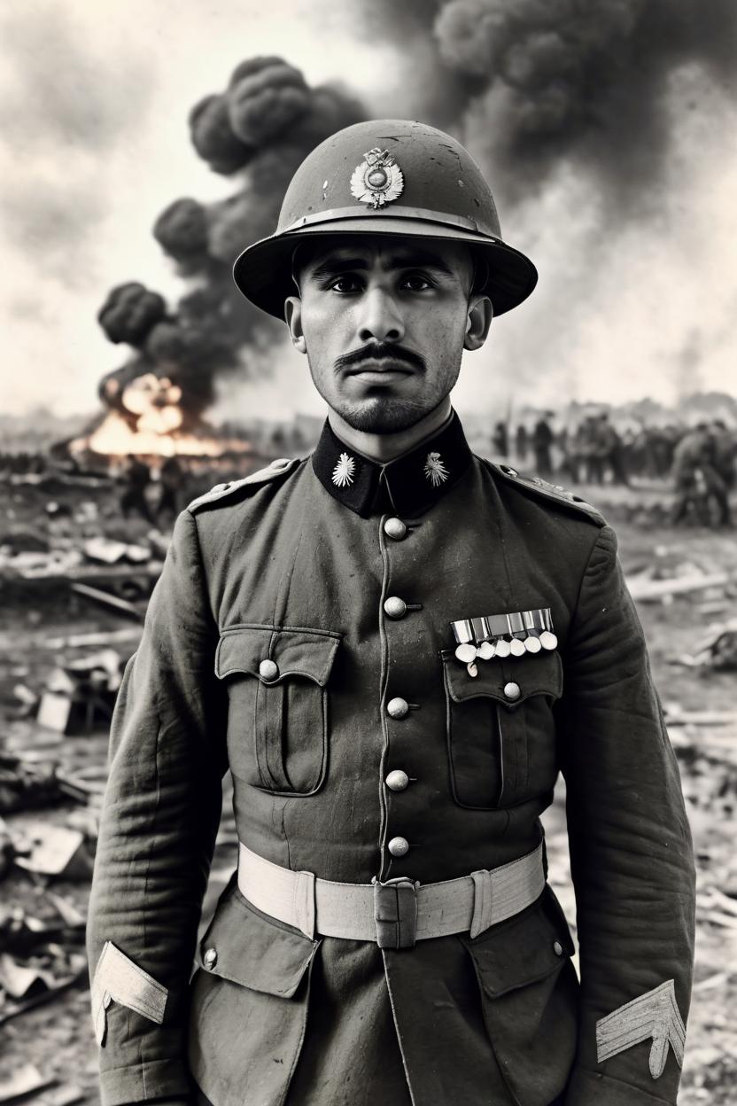 Artificial Intelligence (AI) generated image art, man, photo of beautiful, b&w, 1900 photograph, vintage, portrait, photorealistic, asvperiod world war one british soldier, world war one battle explosions in background, art by artgerm, contrast"