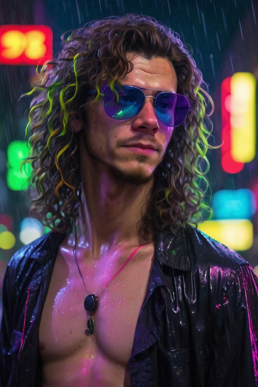 Artificial Intelligence (AI) generated image art, man, night portrait, shoulder length naturally curly hair, raining, city lights streaked in background, neon yellow,pink,green,purple,blue,red luminance in background ((dark lighting)), (urban background), photorealistic, cinematic,  highly detailed, sharp focus (((75 kilogram))), (((fit body))), (((healthy)) (( 31 years old)) wearing round sunglasses and a black unbuttoned shirt, exhaling red smoke, highly detailed, UHD, 8K, Ghost in the shell, Blade Runner, Trending on artstation, bokh, dof