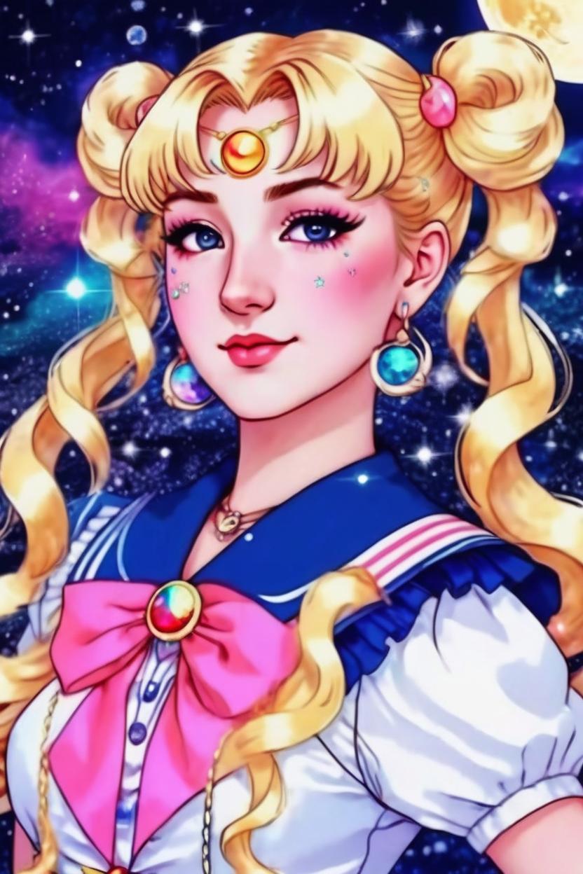 Artificial Intelligence (AI) generated image art, woman, as Serena in sailor moon, (do not change her face), she is wearing girly sailor suit, blonde hair in two long pigtails, cosmic power, she is the moon princess, crescent moon behind her, highly detailed illustration, colorful Crystal palace is in distance