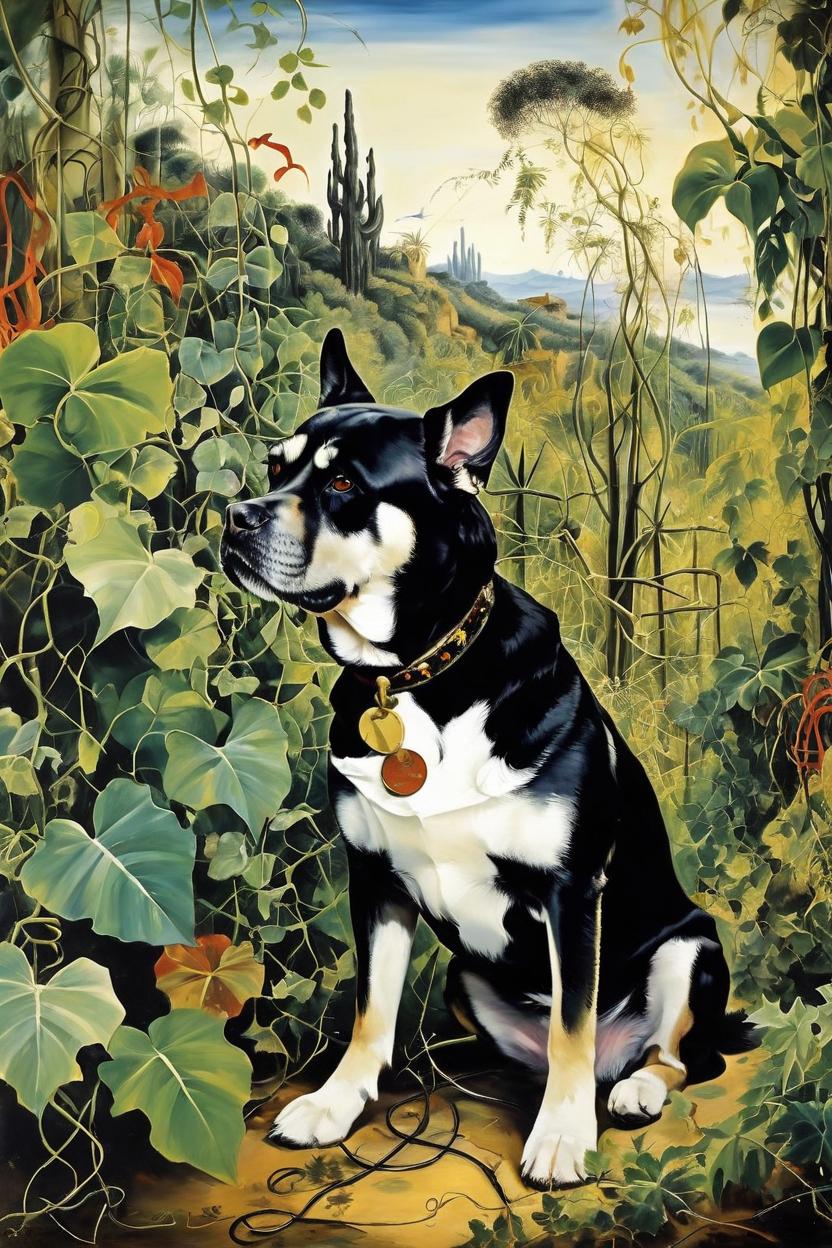 Artificial Intelligence (AI) generated image art, dog, vegetation, jungle background, vines, salvador dali