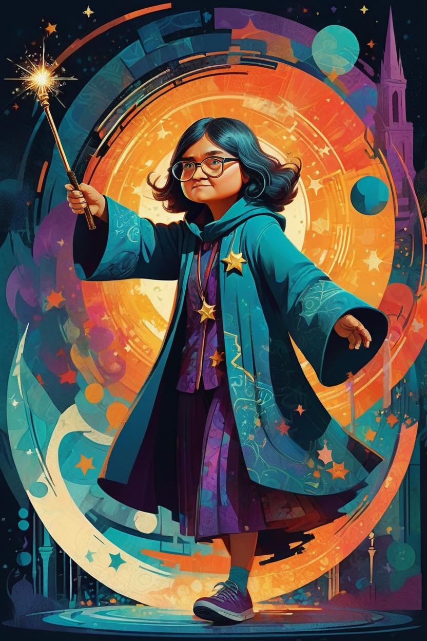 Artificial Intelligence (AI) generated image art, woman, as a wizard with a magic wand, ( ( dither ) ), editorial illustration, modern art deco, colorful, ( ( mads berg ) ), christopher balaskas, victo ngai, rich grainy texture, detailed, dynamic composition, wide angle, moebius, matte print