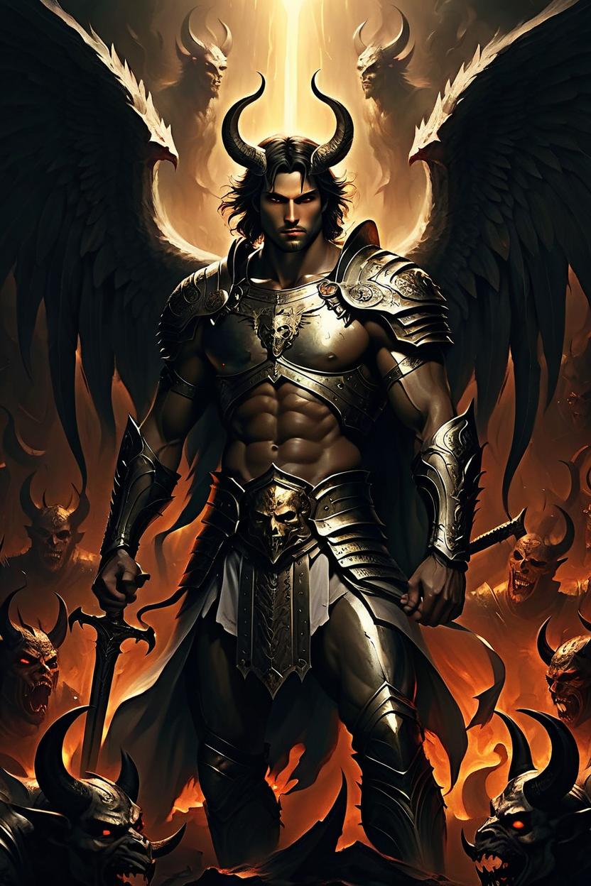 Artificial Intelligence (AI) generated image art, man, as an angelic warrior surrounded by demons and hell in a dark lighting