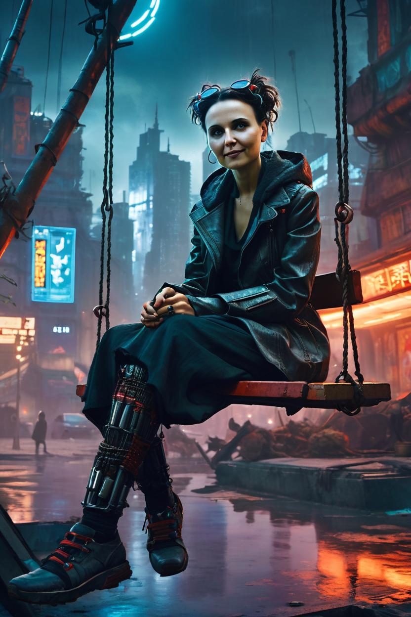 Artificial Intelligence (AI) generated image art, woman, sitting on a swing, (art by greg rutkowski), in a soviet futuristic cyberpunk city, dystopian, cinematic lighting, masterpiece art, communist symbolism