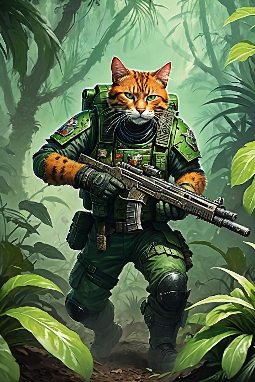 Artificial Intelligence (AI) generated image art, man, as a Catachan jungle fighter CATACHAN JUNGLE FIGHTERS, shooting at plants, art by Artur Nakhodkin, Warhammer 40K artwork under the category of Astra Militarum, a deathworld where even the plants are dangerous