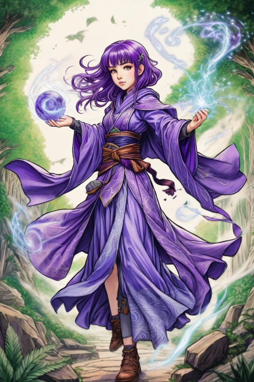 Artificial Intelligence (AI) generated image art, woman, manga concept, ink and colored pencil drawing, art by Tsukasa Abe, as Fern the mage, HIGHLY DETAILED, frieren manga background, casting a spell, floating in the air, wearing wizard robes, with purple hair, in a magical battle