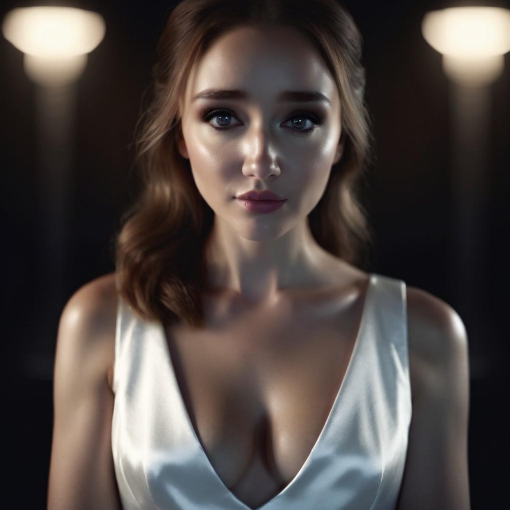 Artificial Intelligence (AI) generated image art, woman portrait, haute couture, minimalistic white adherent dress, (chiaroscuro style), photorealistic, beautiful woman, ((dark ambience)), cinematic lighting, highly detailed, sharp focus,4k