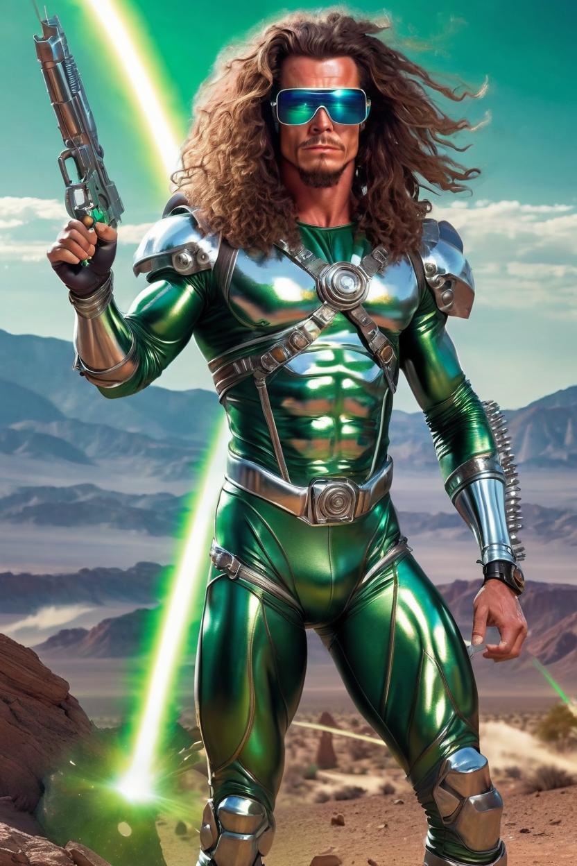Artificial Intelligence (AI) generated image art, man, as a sci-fi assassin explorer ((1980s)) wearing metallic chrome bodysuit, muscular body, strong legs, long curly brown hair tied back, wearing hi tech hollogram glasses, five fingers on both limbs, holding a ray gun with 3 green rings around the barrel of the gun, alien world, UFOs in sky shooting colorful lasers battle in the sky above him, otherworldly atmosphere, vegetative colorful vibrant eye-catching desert landscape ((landscape portrait)) highly detailed, strong, manly, apocalyptic vibe, artistic, creative, "were not in kanas anymore"