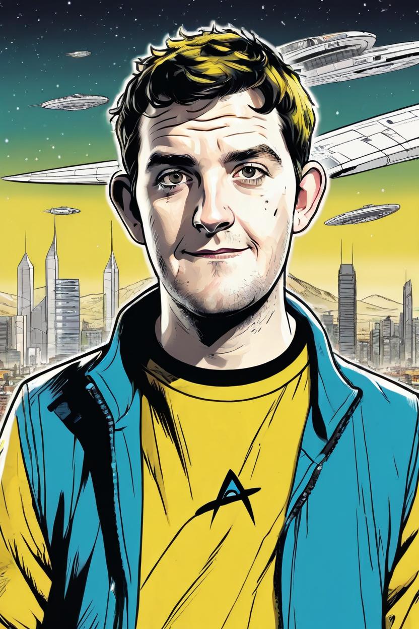 Artificial Intelligence (AI) generated image art, man, ((Kirk)), star trek, yellow sweater, (Jamie Hewlett comic book style), scifi city landscape, illustration, comics