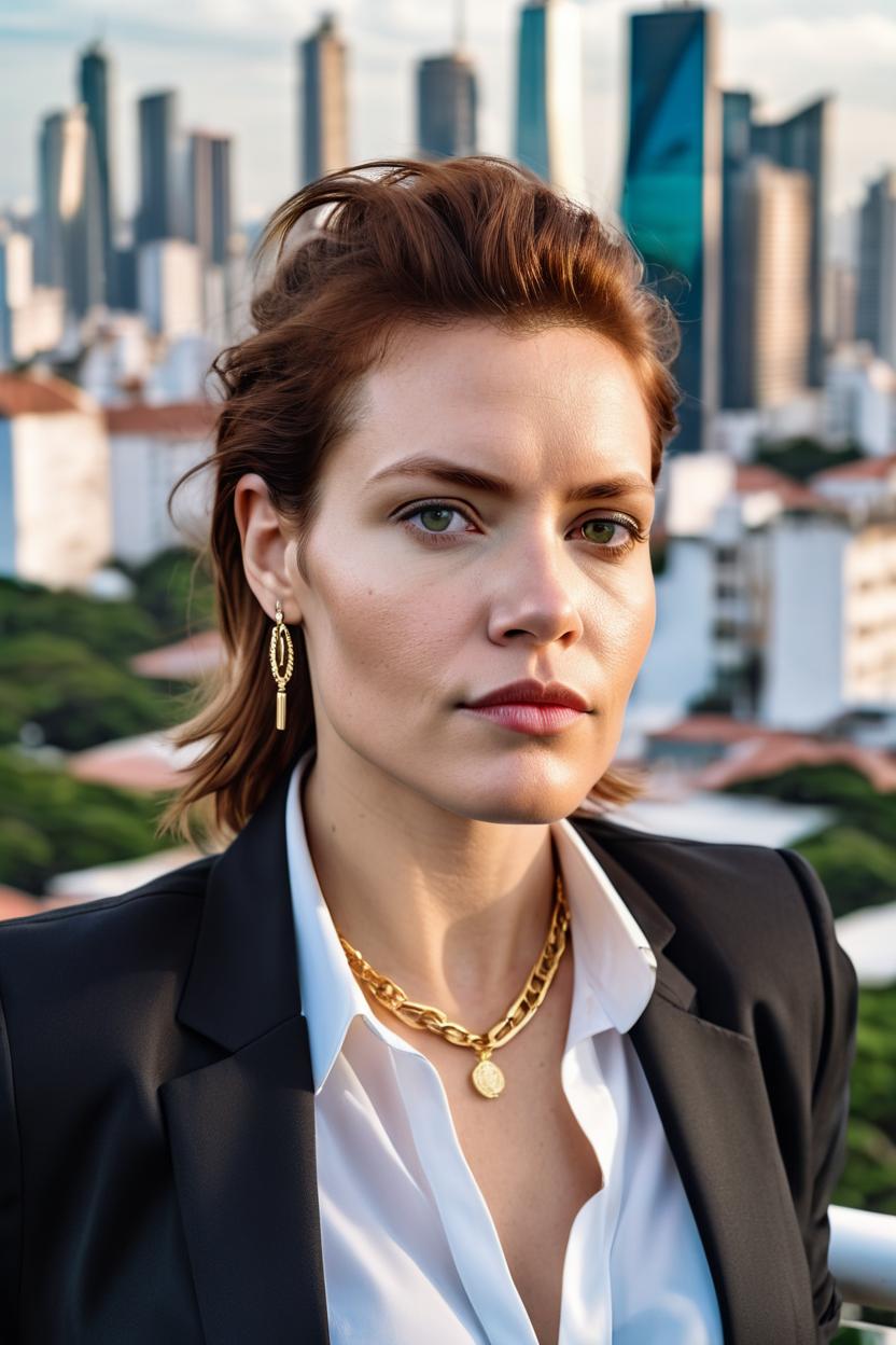 Artificial Intelligence (AI) generated image art, woman, a successful businesswoman, wearing a black blazer and white shirt, captured in a close-up portrait. She has a confident expression, with a subtle smile (not showing teeth), as if being photographed for a magazine cover story. The background features the Sao Paulo skyline, blurred to emphasize woman as the main subject, as if the photo was taken from her office balcony. She wears a luxury watch and subtle gold jewelry, adding to her aura of success. The image is shot on a Sony a7R IV camera with a 85mm lens, capturing the scene in high resolution with realistic detail and depth of field.