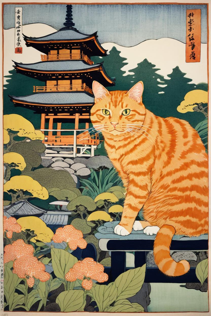 Artificial Intelligence (AI) generated image art, cat, ginger cat, ukiyo-e, japanese tea garden