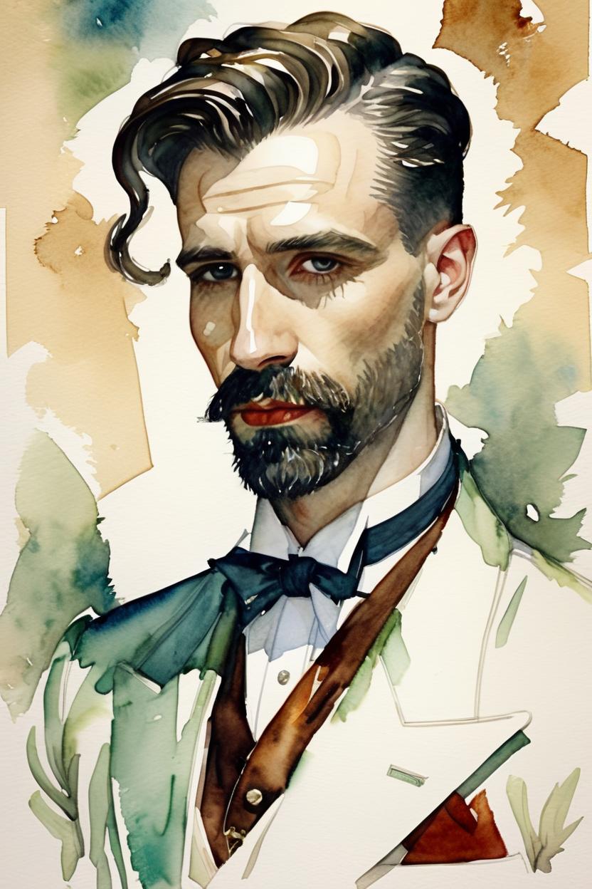 Artificial Intelligence (AI) generated image art, man, watercolor, fashion illustration, style of J.C. Leyendecker, (J.C. Leyendecker)