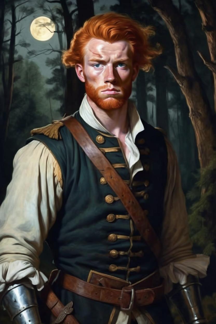 Artificial Intelligence (AI) generated image art, man standing As a 18th century warrior. In deep dark forest. Moonlight. He has ginger hair. Dark hazel eyes. He is ominous. Muscular. He is 29 years old, 5 o’clock ginger hair shadow, weary from travel. Realistic OIL PAINTING