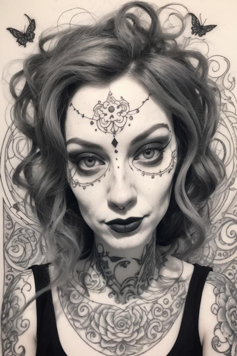 Artificial Intelligence (AI) generated image art, woman, tattooed woman, (tim burton style animation), cartoon, charcoal drawing, intricate