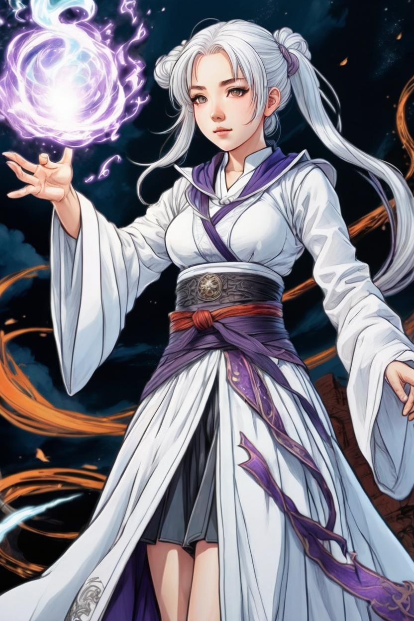 Artificial Intelligence (AI) generated image art, woman, manga concept, ink and colored pencil drawing, art by Tsukasa Abe, as Frieren the mage, HIGHLY DETAILED, frieren manga background, casting a spell, floating in the air, wearing white wizard robes, with white hair in pigtails, in a magical battle