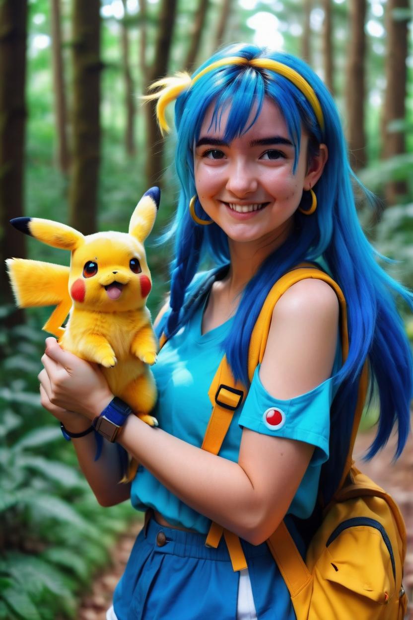 Artificial Intelligence (AI) generated image art, woman, ((anime art)), ((art by Artgerm)), ((2D art)), as a pokemon trainer, travelling through a forest, holding his pokemon Pikachu with one arm, looking excited, with long, bright blue hair in two braids