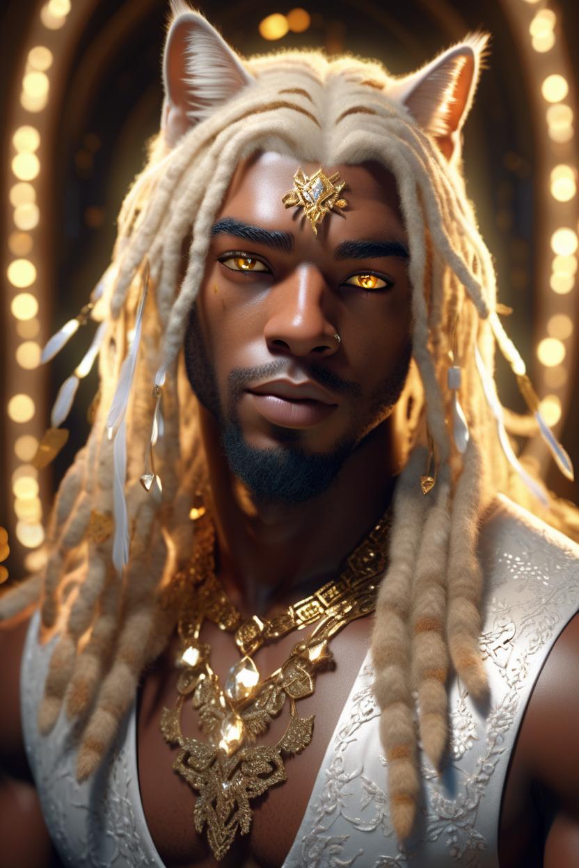 Artificial Intelligence (AI) generated image art, man, as a majestic god with two Savannah cats, man, mysterious, beautiful blonde long hair, hazel eyes, soft fairy lights, golden notes, lace, highly intricate details, 3d, cgi, realistic light, trending on cgsociety, glowing eyes, ultra realistic details, pose, portrait, fantasy atmosphere, global illumination, shadows, octane render, 8 k,