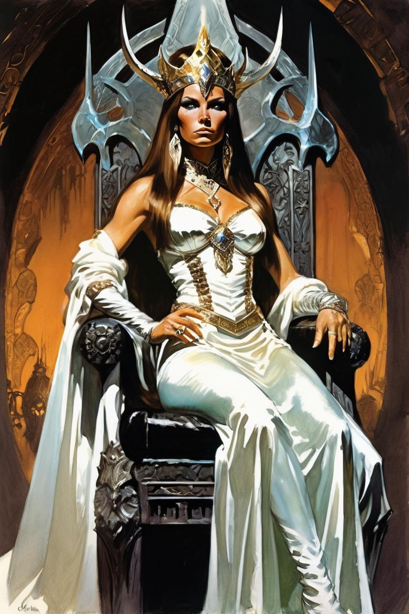 Artificial Intelligence (AI) generated image art, woman, 1970s dark fantasy far perspective illustration dark crystal-style/excalibur 1981-style/conan the barbarian-style/frank frazetta-style epic illustration of a majestic, arrogant, confident, young, elven queen. Scantily/lightly dressed. Wearing white silk, showing some skin. Wearing a large golden headpiece. Sitting on a tall throne in a big dark throne room. With a very far perspective.
