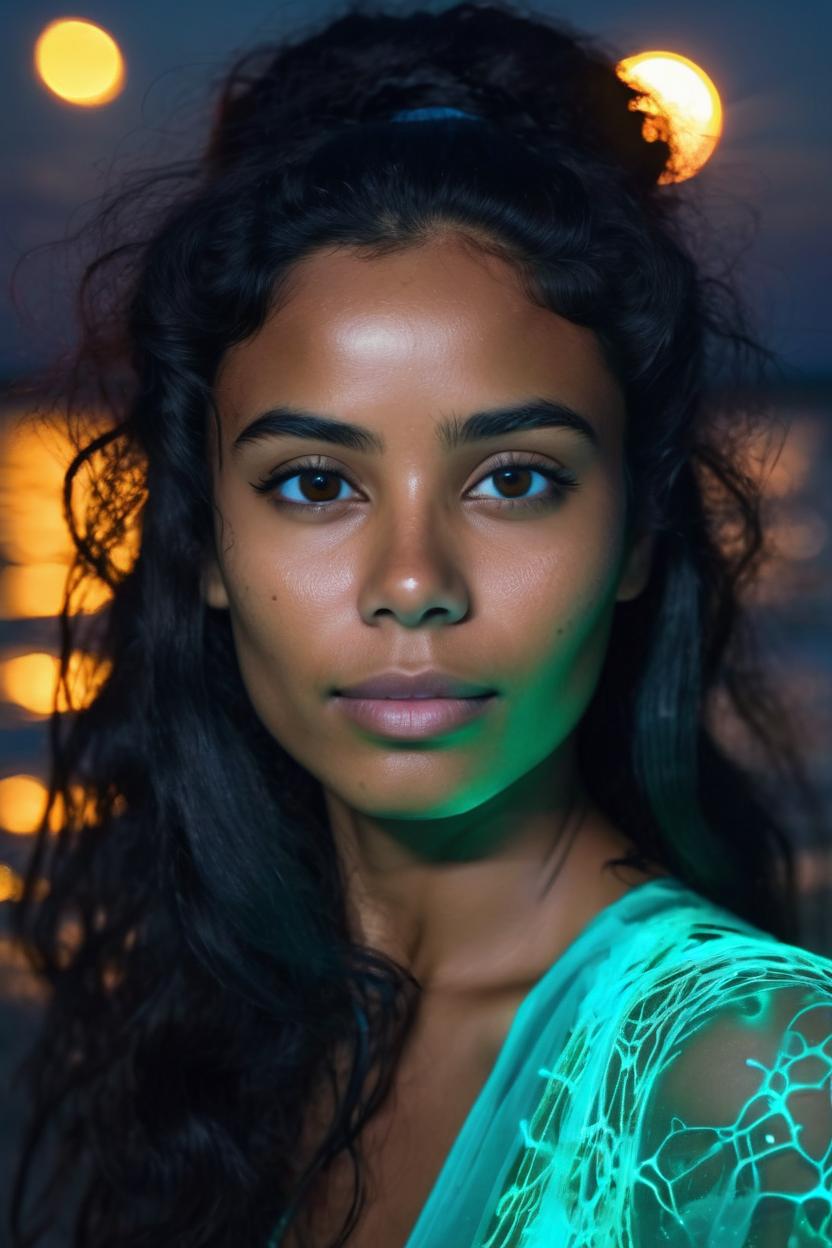 Artificial Intelligence (AI) generated image art, woman, ((Vaadhoo beach)), glowing Phytoplankton bioluminescence, at night, soft feminine face, 8k, ((photography by James Macari)) long black hair, brown eyes