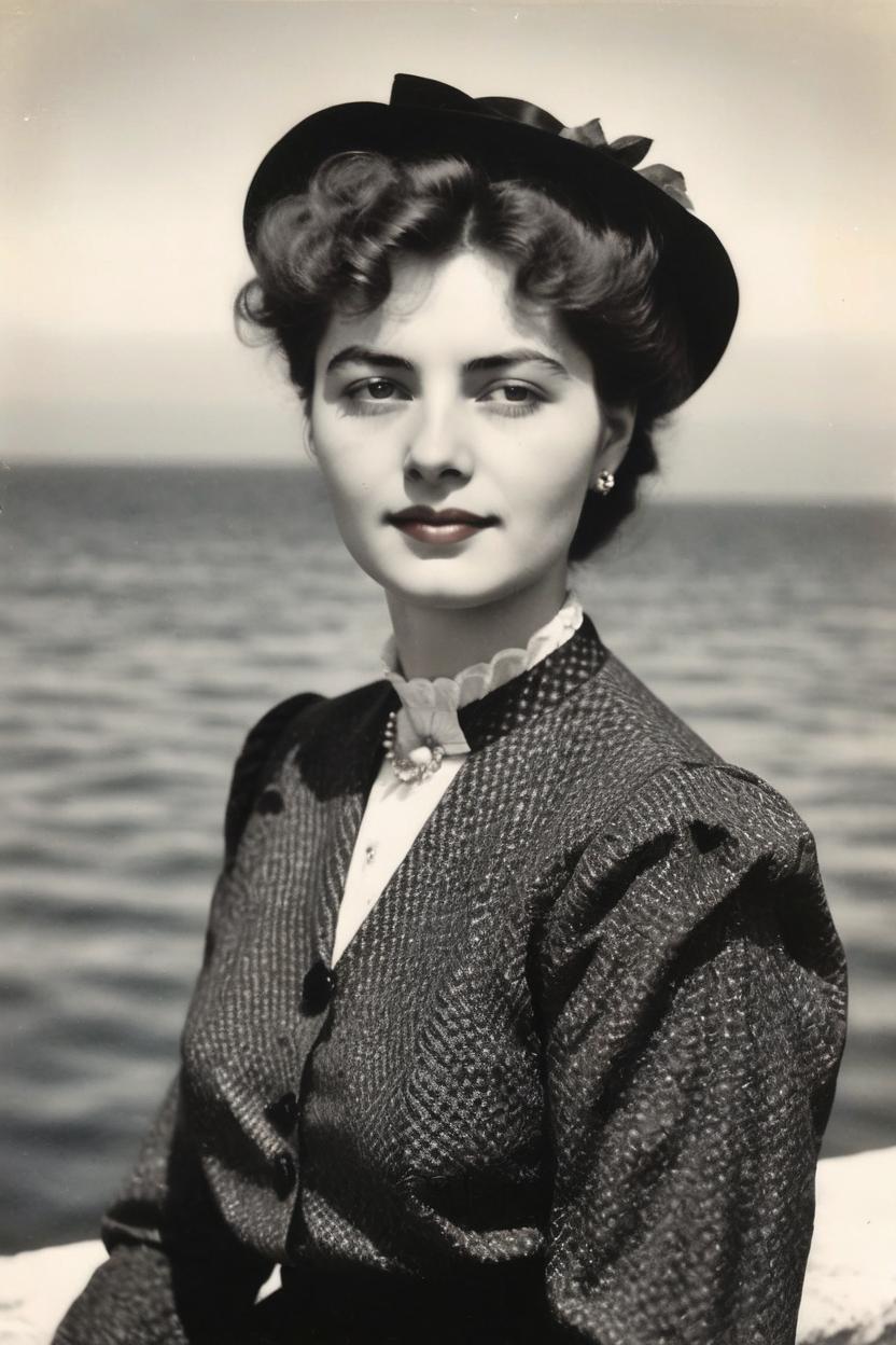 Artificial Intelligence (AI) generated image art, photo of beautiful woman, b&w, 1900 photograph, vintage, portrait, ((photorealistic)), sea in background, art by artgerm, contrast