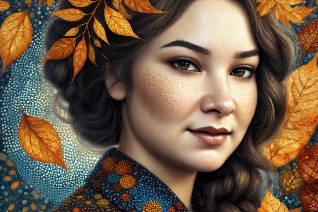 Artificial Intelligence (AI) generated image art, woman, fall inspired art, digital painting, in the style of sophie wilkins, irene sheri, naoto hattori, pointillist artworks, chic illustrations, lush brushstrokes, 1970s