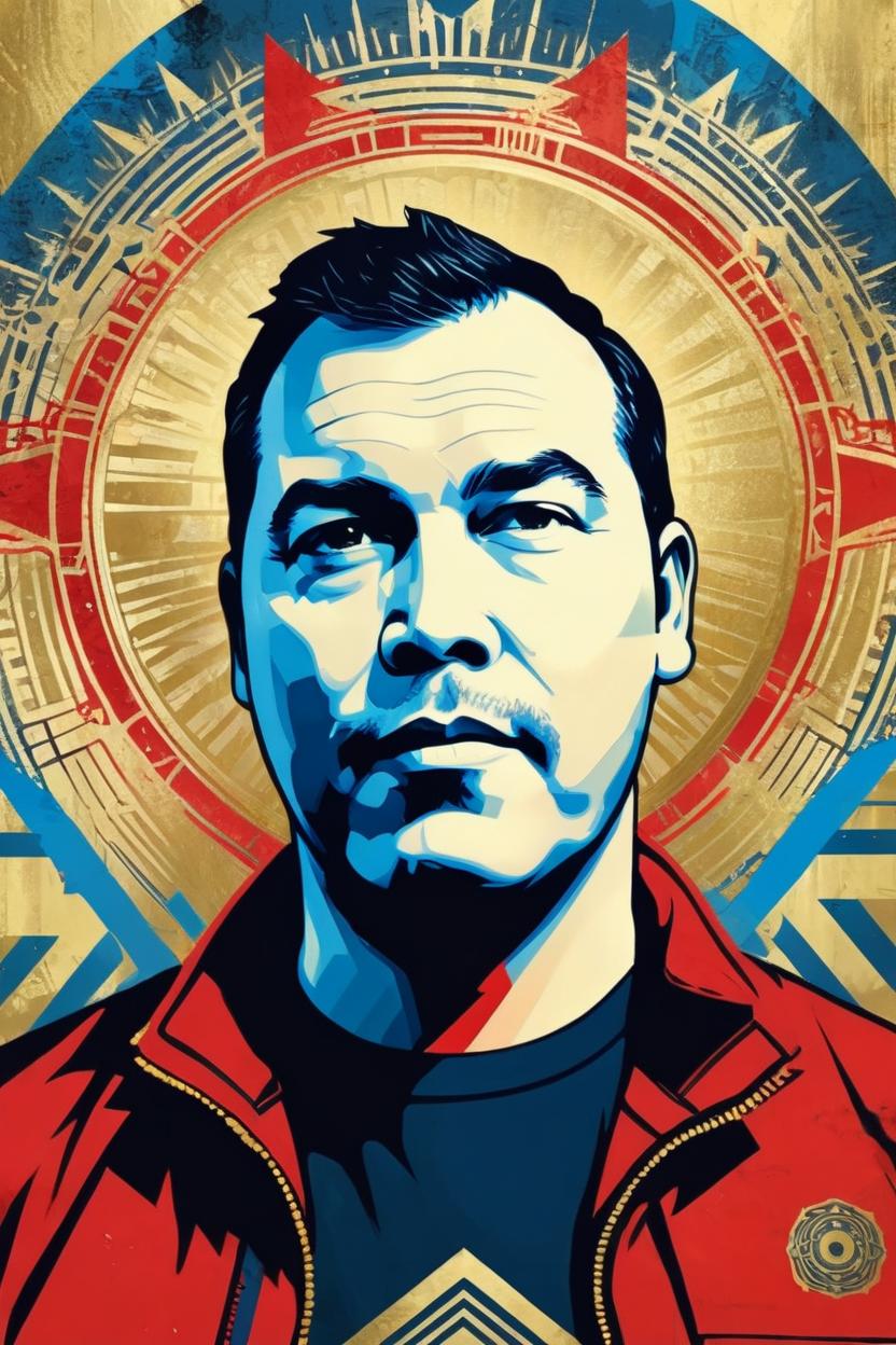 Artificial Intelligence (AI) generated image art, man portrait, obey giant Shepard Fairey, red, gold, blue colors, geometric poster