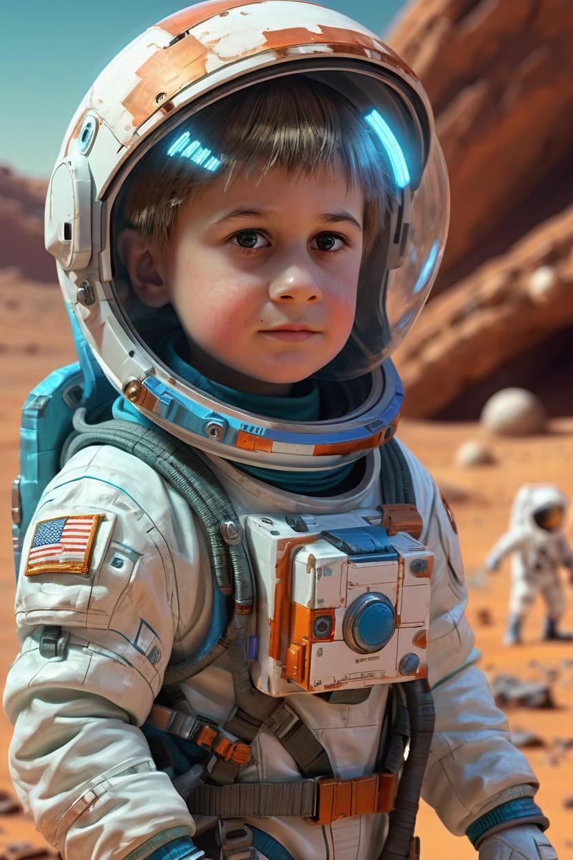 Artificial Intelligence (AI) generated image art, cyberpunk portrait of man, ((dithering)), editorial illustration of a child astronaut on mars, with resource extraction and space vehicles in the background, with tools, diffuse lighting, fantasy, intricate, elegant, highly detailed, lifelike, photorealistic, digital painting, artstation, illustration, concept art, smooth, sharp focus, detailed
