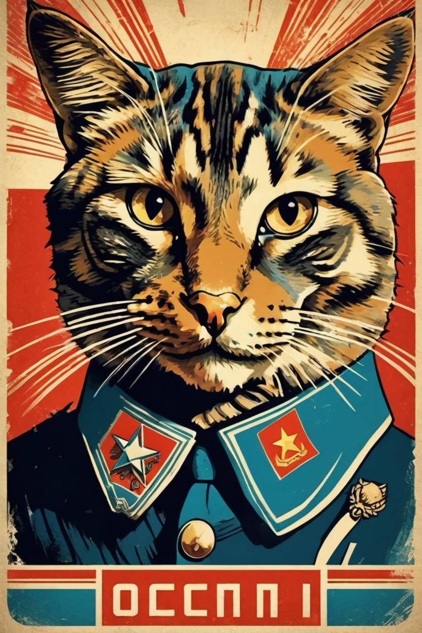 Artificial Intelligence (AI) generated image art, cute cat, (intricate soviet propaganda poster), illustration, sharp focus, retro, boris kriukov