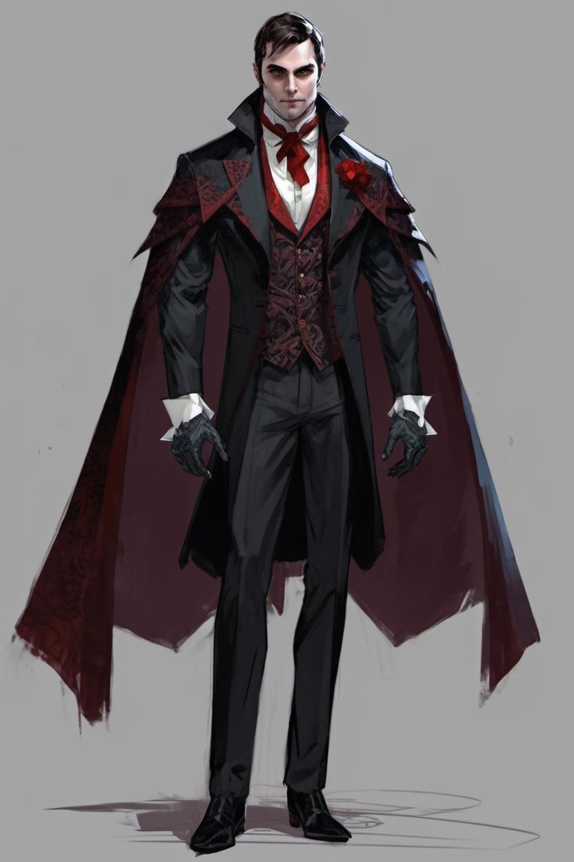 Artificial Intelligence (AI) generated image art, man, vampire, high collard cape, fancy suit, concept art