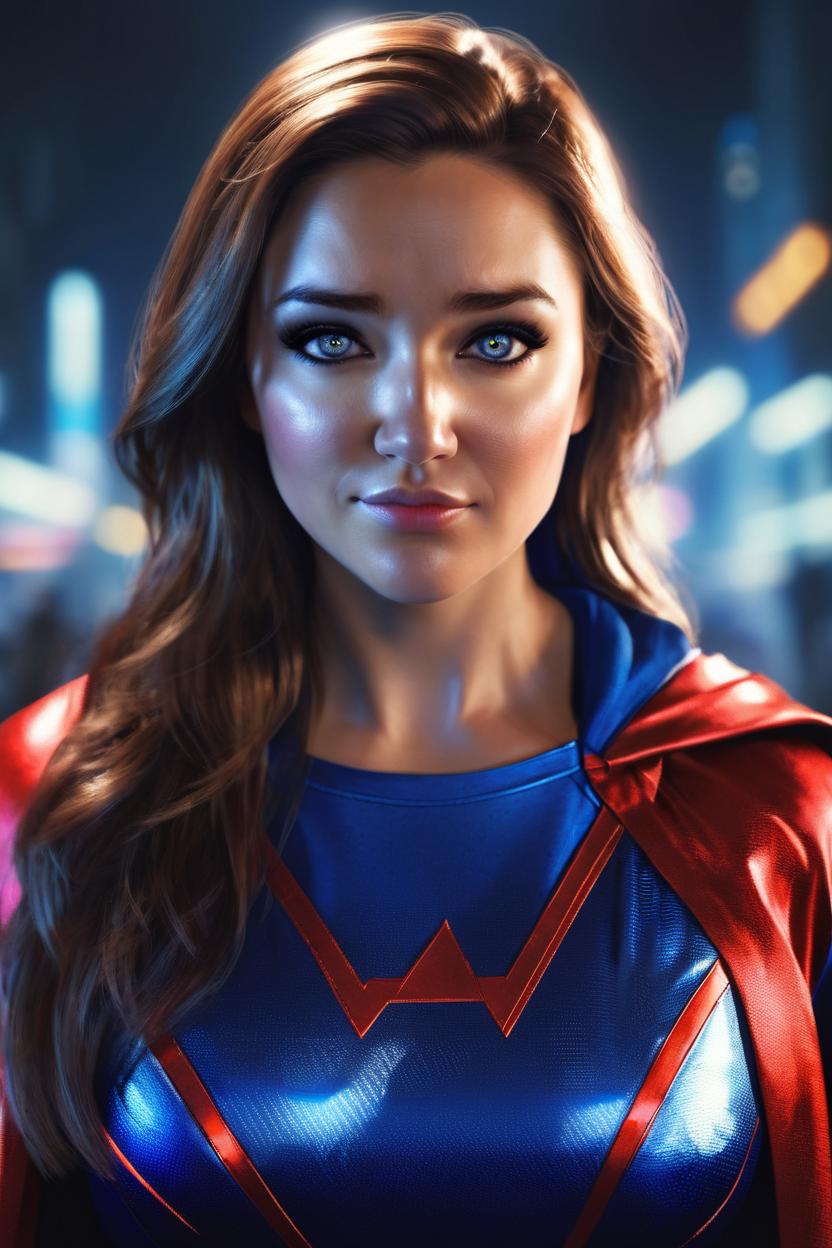 Artificial Intelligence (AI) generated image art, woman, portrait, as superhero, art by greg rutkowski, highly detailed, photorealistic, sharp focus, 2k, cinematic lighting, highly detailed, futuristic glow