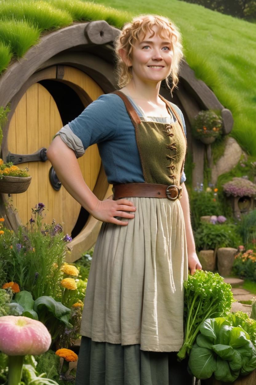 Artificial Intelligence (AI) generated image art, woman, as a blonde haired hobbit in the style of the hobbits of the Shire from the Lord of the Rings by Peter Jackson. Full body, standing in a lush garden full of flowers and vegetables. A hobbit hole in the hill in the background. Beautiful soft golden light, everything appears to be faintly glowing.