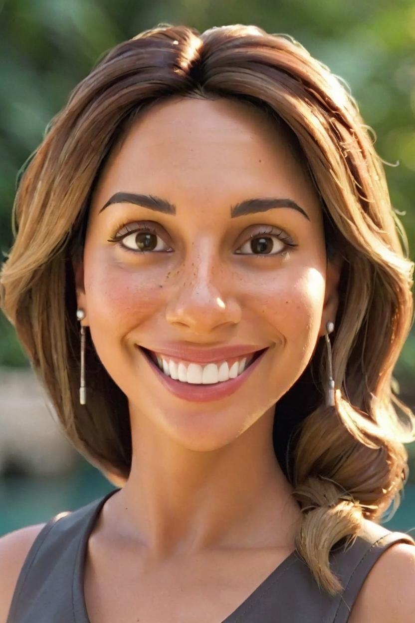 Artificial Intelligence (AI) generated image art, Use woman to generate a pixar style realism avatar. AGE 45 years - Full Head Shot. Face is Chiseled but of soft features, medium brown flawless skin, longer than average nose. Eyes are Striking, brown, almond-shaped, and slightly angled upwards at the outer corners, giving a sense of warmth and friendliness. HAIR is perfectly groomed, straight and long to waist, brown colored with blonde streaks. Nationality is of half Italian and half Indian descent. Smile is Warm, genuine, and slightly mischievous. Body Physique is Fit, athletic, and toned. Height is Around 5 feet 5 inches. Posture is Confident, upright, and relaxed Attire. Clothing is A crisp, white professional sleeveless V-neck pencil dress. Shoes are Polished, taupe color leather, closed pointed toe high heel stiletto shoes. Personality portrays a Confident, Self-assured, but not arrogant who is Friendly, Warm, approachable, and genuinely interested in others. She is Authoritative, Respected and trustworthy, with a sense of calm.