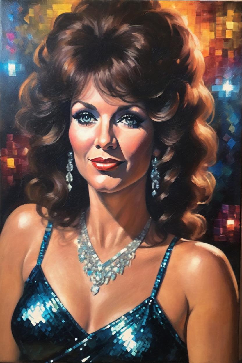 Artificial Intelligence (AI) generated image art, woman, 70s disco queen, sultry, dark dance floor, Farrah facet hair, full bust, velour, detailed, oil painting