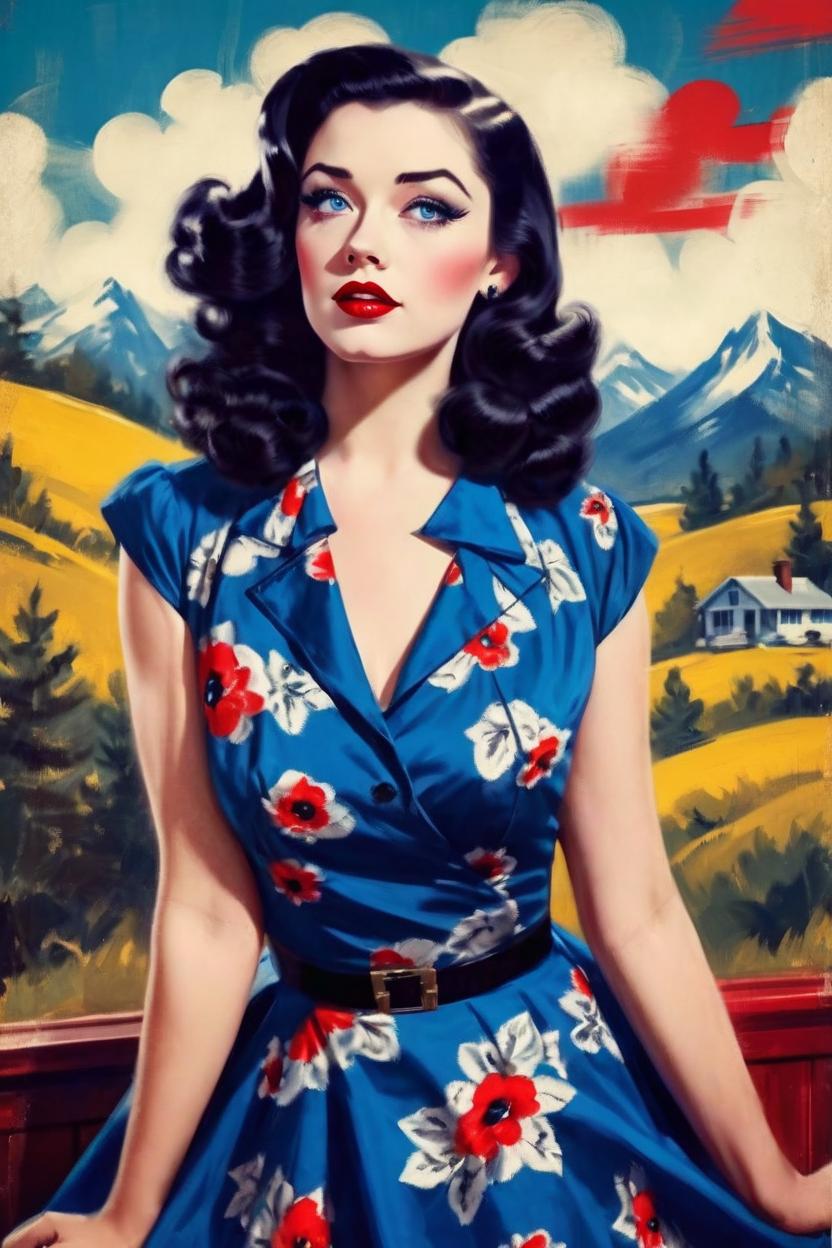 Artificial Intelligence (AI) generated image art, ((pin up style style)), highly resembles woman, long dark brown hair, illustration, (vintage pin up style dress,1950s, portrait, vintage), full body, WW2 poster, realism, colorful, ((landscape portrait photography)), blue eyes, red lips, playful expression, ((boudoir shoot))