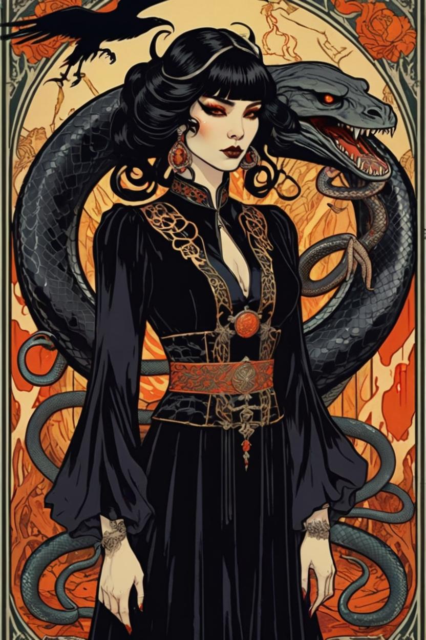 Artificial Intelligence (AI) generated image art, (*woman*), portrait, artwork by Ivan Bilibin, Art Nouveau, tarot card, goddess, death card, hellfire in background, black hair, as a demon, snakes, ravens, all black dress