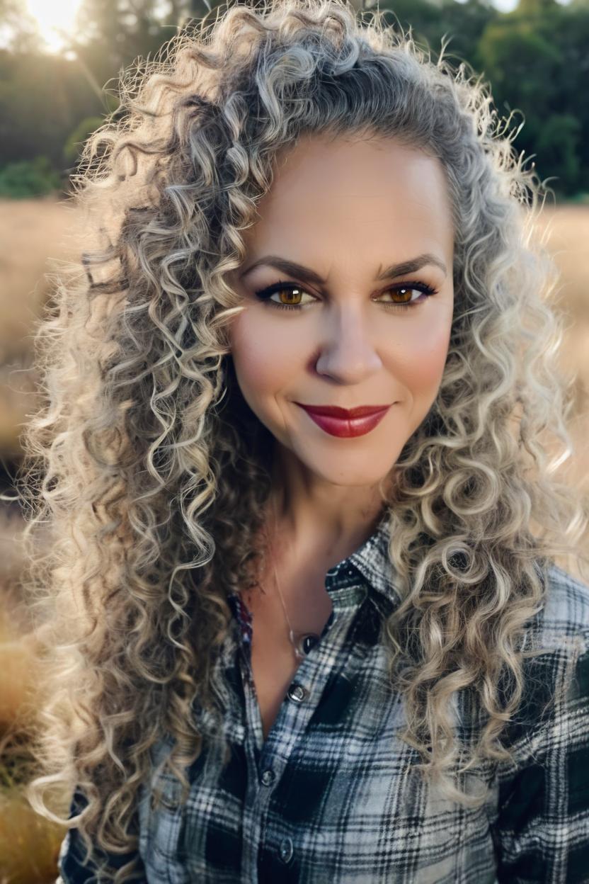 Artificial Intelligence (AI) generated image art, A half Body Photo of woman in her mid 30s. Beautiful, light brown eyes, long, silver, naturally curly hair, olive skin, slim with curves, tartan shirt, outdoor background,soft lighting, captured by randomly selected photographer. This image looks glamorous and elegant in style and outdoor background that was recognized as a contest winner. It has been featured on CG Society. Cinematic