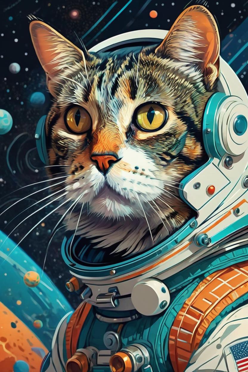 Artificial Intelligence (AI) generated image art, editorial illustration astronaut cat in space, modern art deco, colorful, ( ( mads berg ) ), christopher balaskas, victo ngai, rich grainy texture, detailed, dynamic composition, wide
