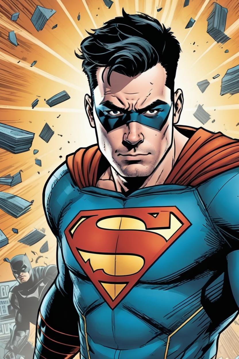 Artificial Intelligence (AI) generated image art, man, (comic book style), man, illustration, DC comic style , superhero comics, in action, high depth of field