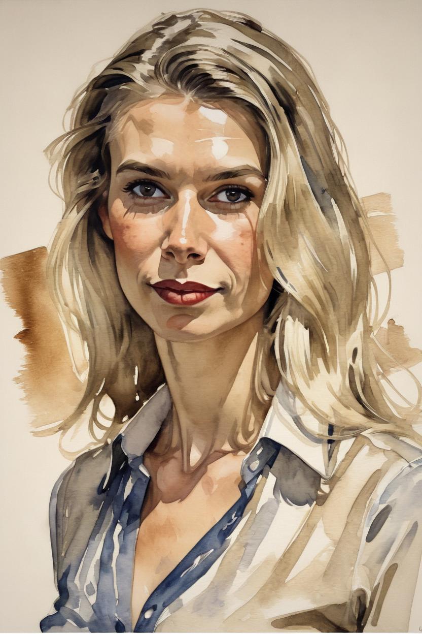 Artificial Intelligence (AI) generated image art, Watercolor painting of woman by J.C. Leyendecker, upper body, tan skin, wearing an unbuttoned shirt, extremely beautiful, idealistic, fashionable, straight hair, blonde, fresh face, young, perfect complexion"