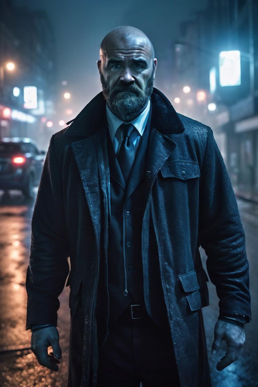 Artificial Intelligence (AI) generated image art, man, as an assassin, full body photo, looking at camera, at night on foggy street, in style if John Wick, cinematic, gritty, epic, cool, comic art